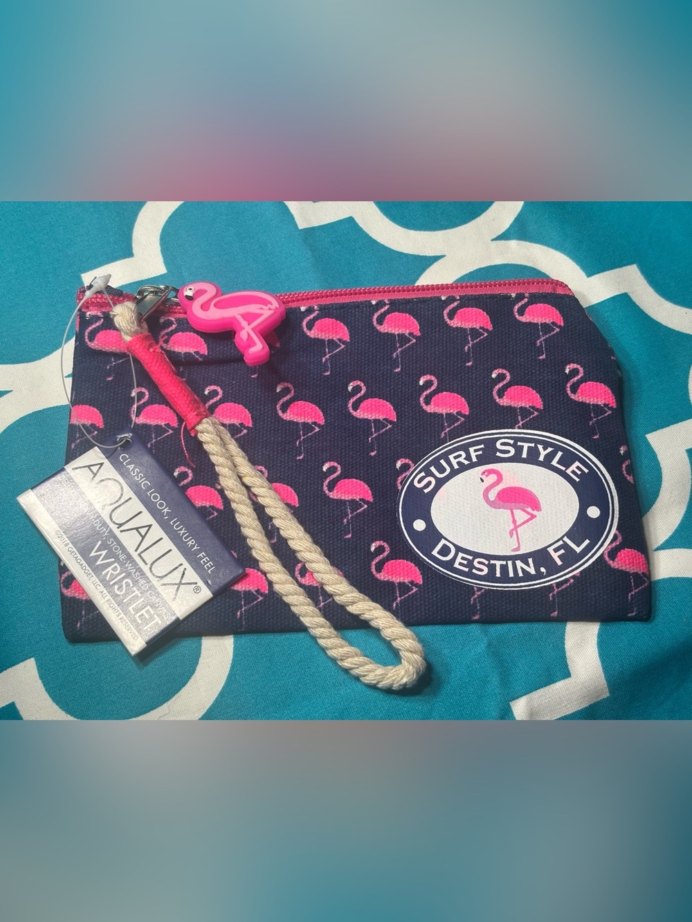 New Surf Style Destin Flamingo Wristlet - Navy with Hot Pink